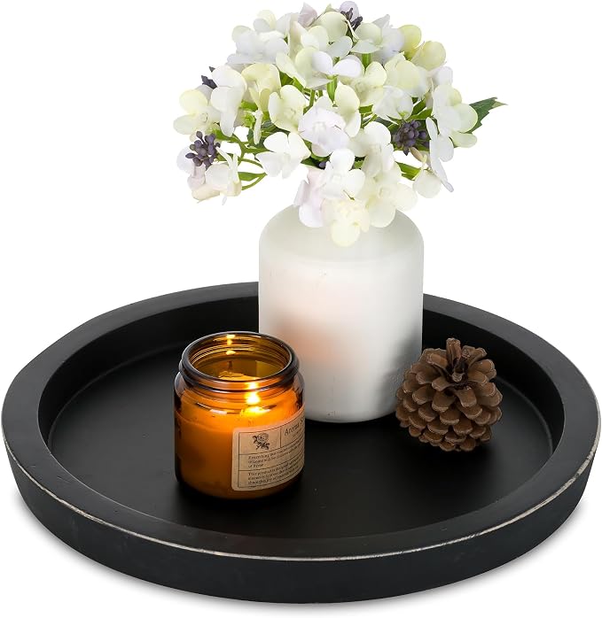 Hanobe Wooden Tray for Coffee Table: Candle Holder Plate Black Round Decorative by Hanobe