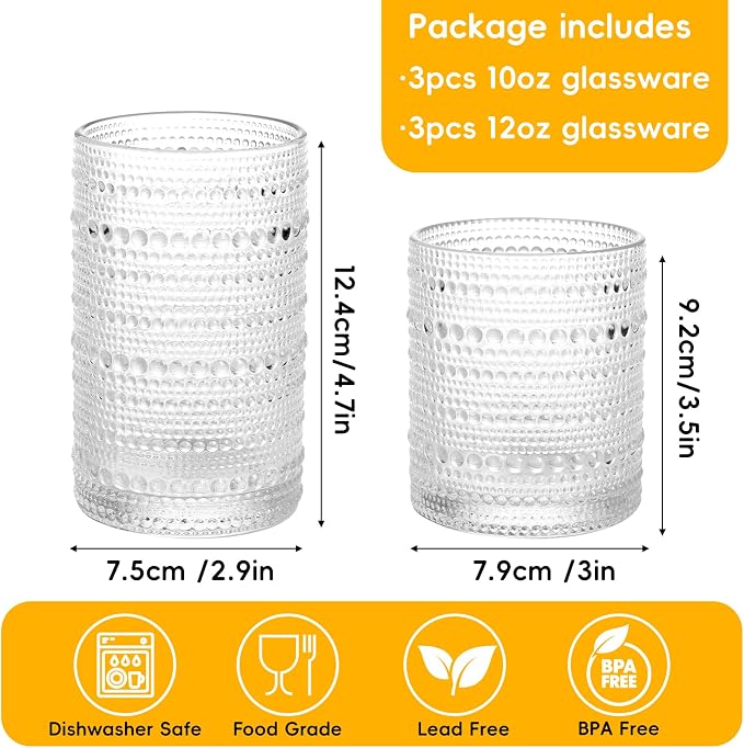 Moretoes Hobnail Drinking Glasses Set of 6, Vintage Water Glass Cups | 12 Oz - Image 3