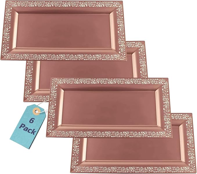 6 Yumchikel 14" x 7.5" Rose Gold Lace Rim Plastic Serving Trays & Platters | - Image 8