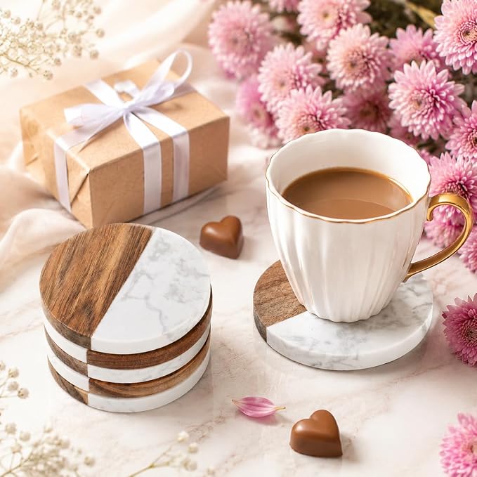 6 Packs Marble Wood Coasters, Round Coaster, Handcrafted Artificial Marble - Image 9