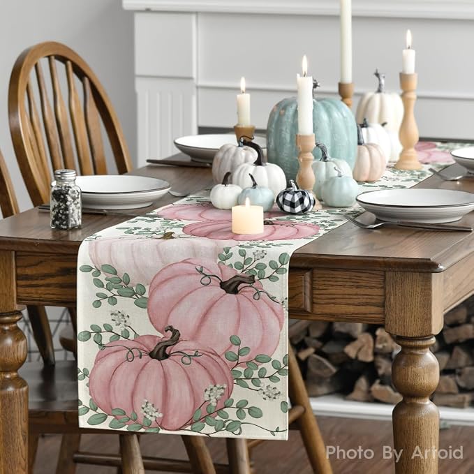 Artoid Mode 210 GSM Fall Table Runner 13x60 Inch Home Party Decor | Pink - Image 3