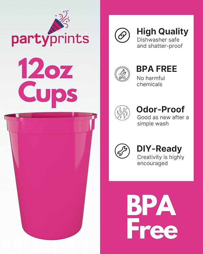 PartyPrints 10 Pack 10 to12 oz Neon Pink Reusable Blank Plastic Cups, Stadium - Image 2