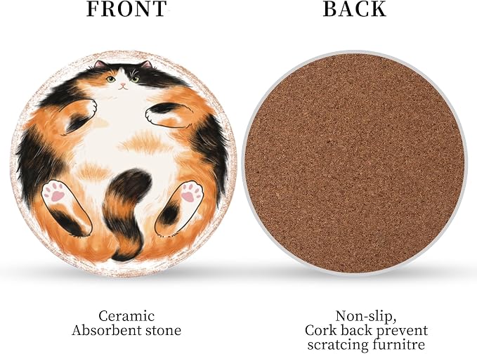 Ceramic Coasters Absorbent Non Slip 6pcs 4 Inch Coaster Sleepy Cats | Drink - Image 4
