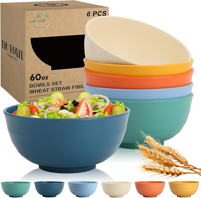 Wheat Straw Bowls 60 OZ, Unbreakable Large Salad Bowl Set of 6, Microwave and by Perlapoc