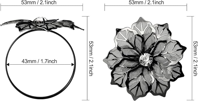 KPOSIYA Flower Napkin Rings Holder Metal Black Napkin Rings Set of 12 - Image 3