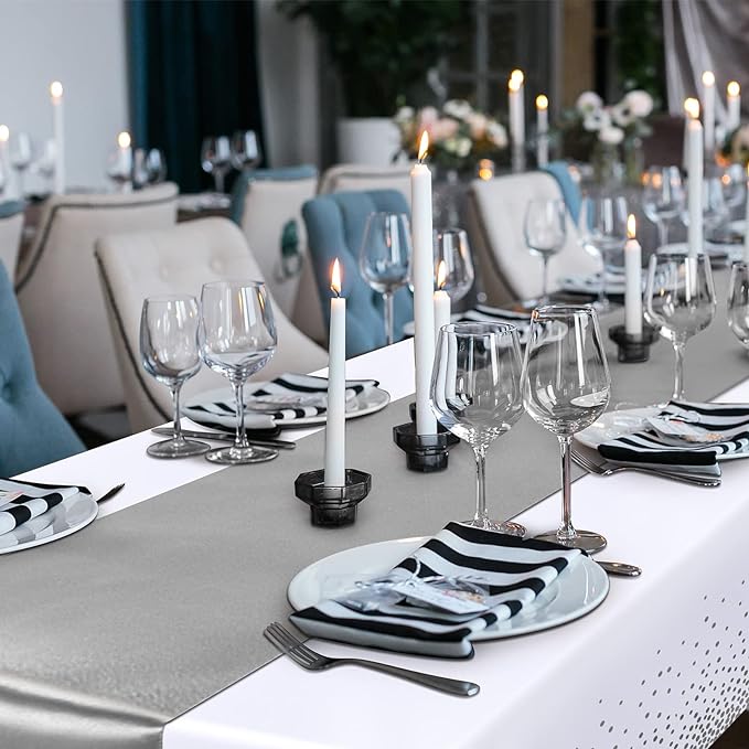 24 Packs White and Silver Disposable Plastic Tablecloths and Satin Table Runner - Image 6
