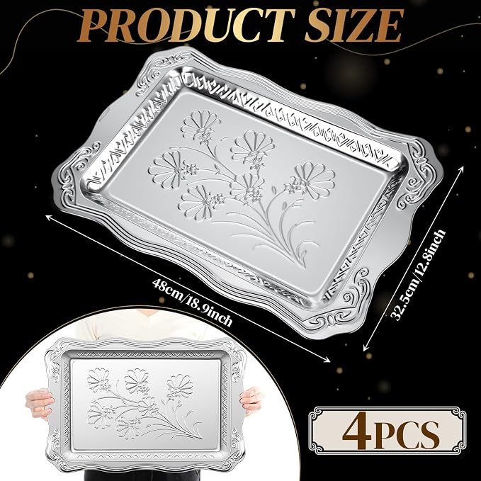 4 Pack 18.9" x 12.8" Large Silver Serving Trays - Image 2