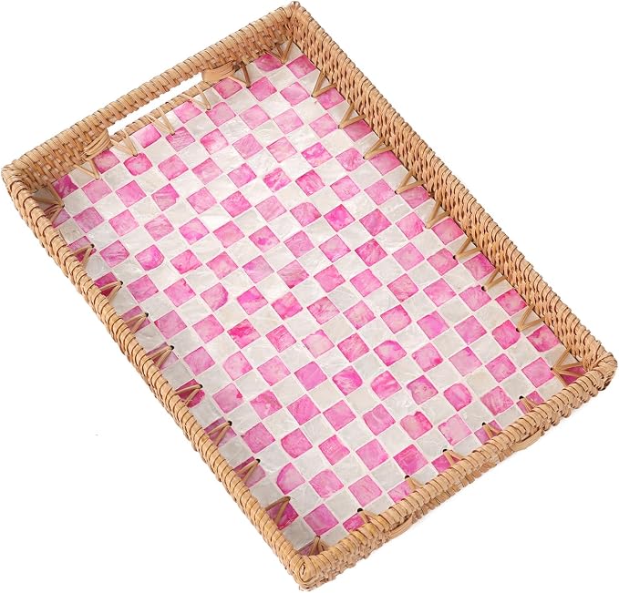 Rectangle Rattan Tray with Mother of Pearl Inlay, Rattan Serving Tray with by Tynulox