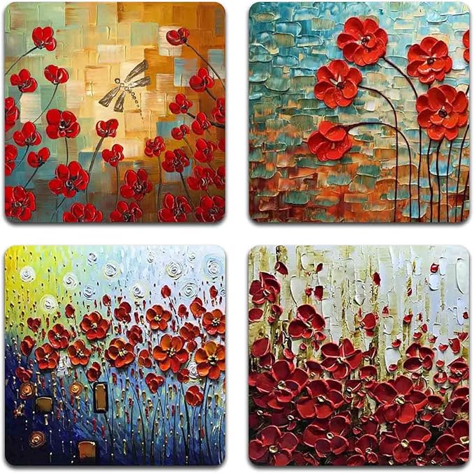 Red Oil Painting Square Coaster Set by QJ+CMJ