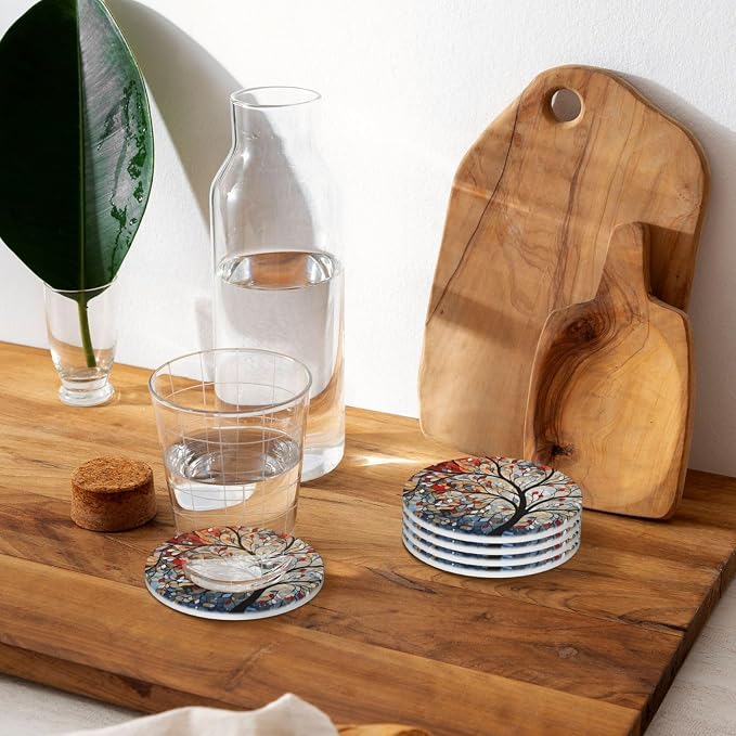 Artistic Tree Pattern Coasters for Drinks Absorbent Round Ceramic Coasters Set - Image 6