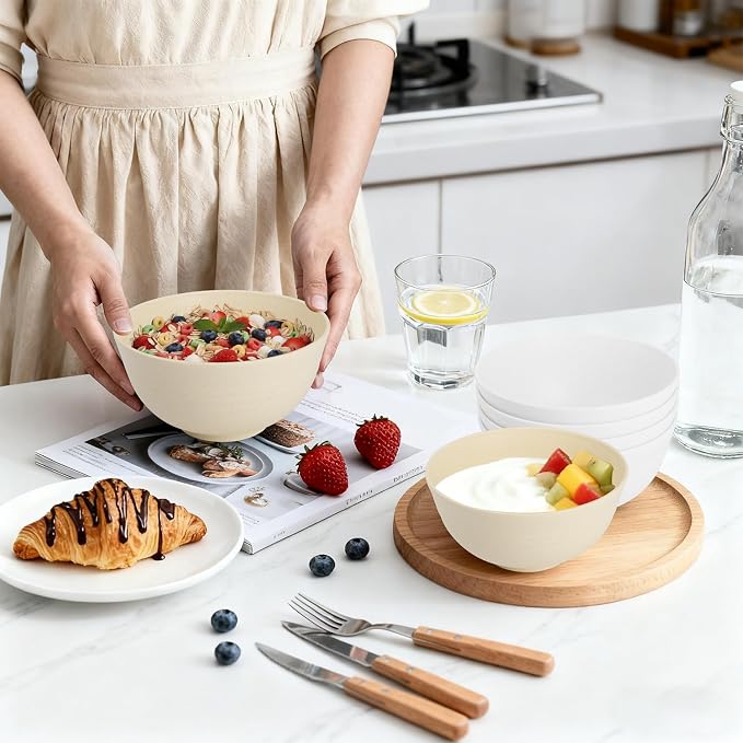 Wheat Straw Bowls Set of 6, 26 OZ Unbreakable Cereal Bowls, Reusable Plastic - Image 2