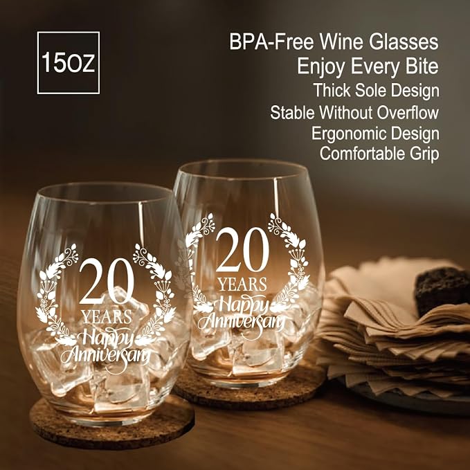 Perfectinsoy 20 Years Happy Anniversary Wine Glass Set of 2, Happy 20th - Image 4