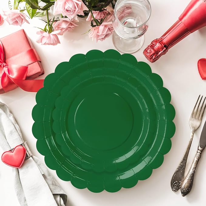 50 Pcs Green Scalloped Paper Plates 25 × 7'' and 25 × 9'' Disposable Green - Image 2