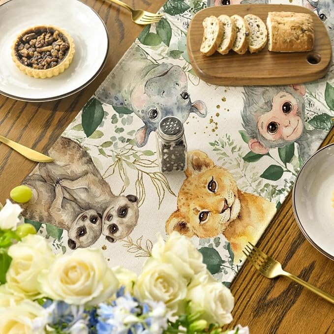 Artoid Mode Animals Elephant Giraffe Baby Shower Table Runner, Seasonal Spring - Image 4