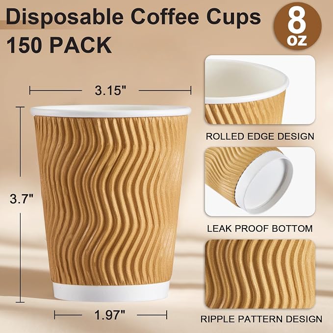 SIUQ 150 Pack 8 oz Disposable Coffee Cups, Insulated Corrugated Paper Cups | - Image 3