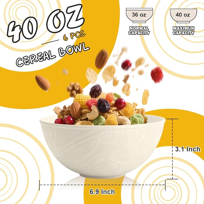 Unbreakable Wheat Straw Kitchen Cereal Bowl 40 OZ, Microwave & Dishwasher Safe - Image 2
