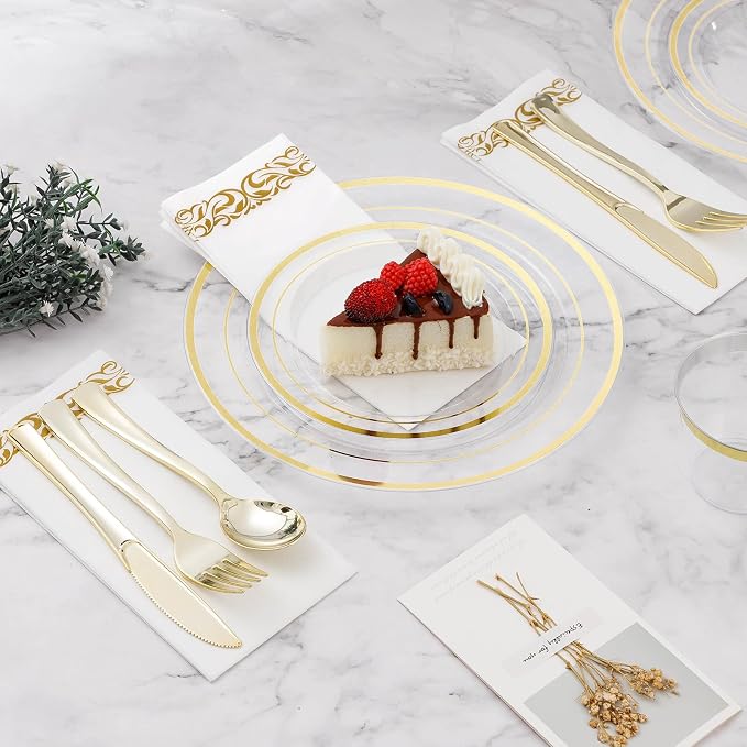 BESTVIP 350 PCS Clear Gold Plastic Plates and Silverware Set Disposable | Gold - Image 3