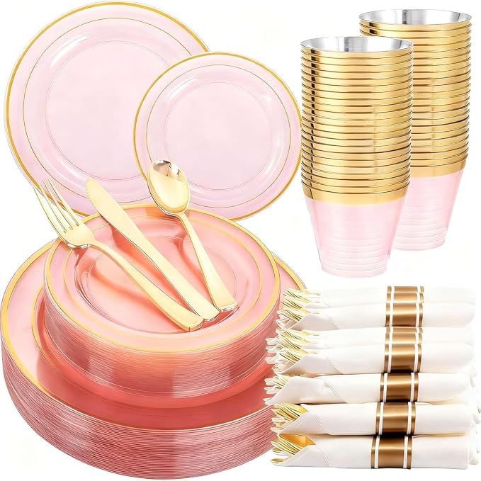 WELLIFE 210Pcs Clear-Pink Plastic Dinnerware- Pink and Gold Plastic Dinnerware by WELLIFE