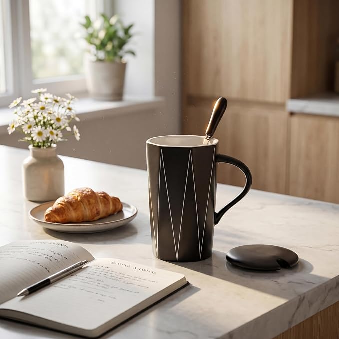 Ceramic Coffee Mug with Lid and Spoon, 13 oz Heavy Office Desk Mug, Minimalist - Image 5
