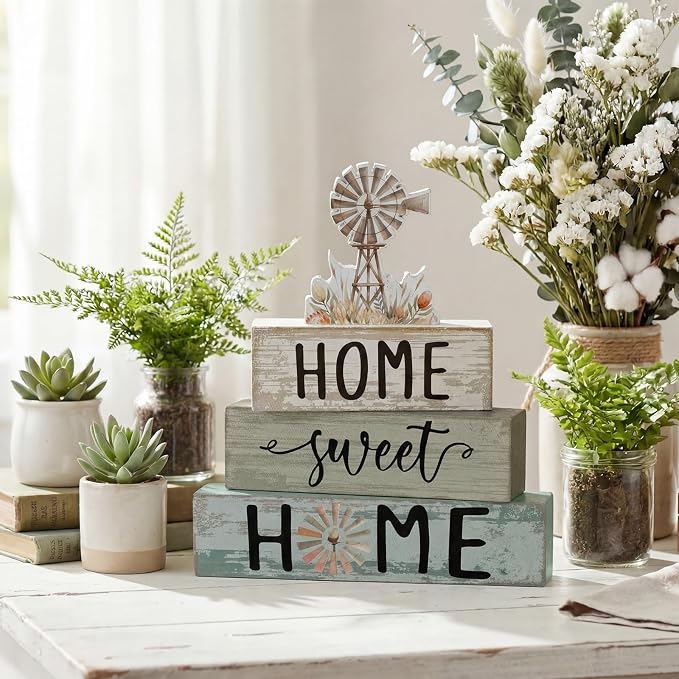 Cinnvoice 4 Pcs Summer Windmill Wooden Block Decor Farmhouse Tiered Tray Signs - Image 2