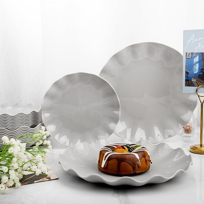 LIYH 24 Pcs Plastic Grey Scalloped Plates Reusable, Unbreakable Dinner Plate - Image 5