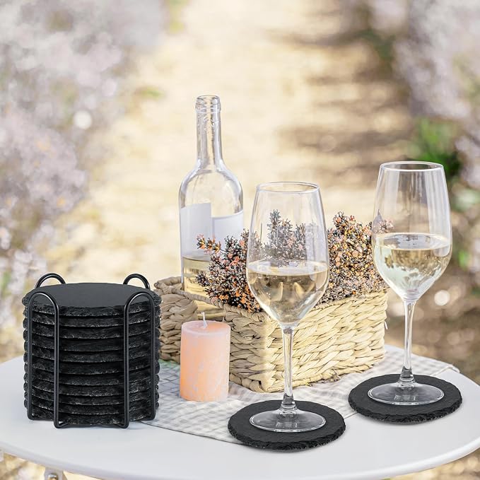 Slate Coasters with Holder, MAPRIAL 4 Inch Coaster Set of 12 Round Black Slate - Image 9