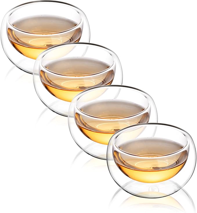 CNGLASS Double Wall Glass Tea Cup Set of 4, 100ml Asian Insulated Clear Teacups by CNGLASS