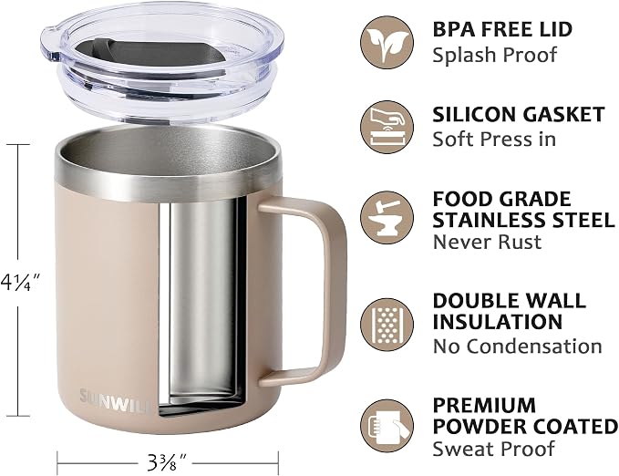 SUNWILL Travel Coffee Mug with Lid, Insulated Tumbler with Handle, 14oz - Image 2