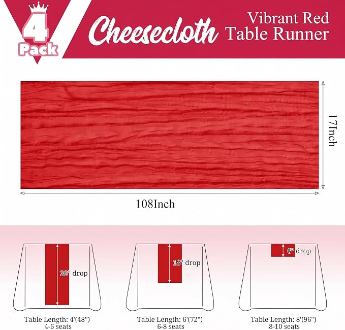 4 Pack Red Table Runner 17 x 108inch Cheesecloth Table Runner Boho Gauze Table - Image 3