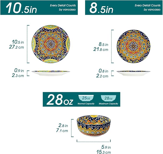 vancasso 12 Pieces Dinnerware Sets, Dark Green Plates and Bowls Set, Porcelain - Image 2