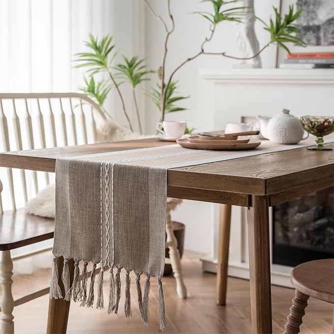 Farmhouse Table Runner, Embroidered Striped Braided Coffee Boho Table Runner - Image 6