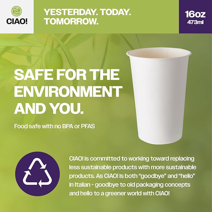 CIAO! 16oz White Paper Hot Cup, Disposable, 90mm Diameter 1 - Image 3
