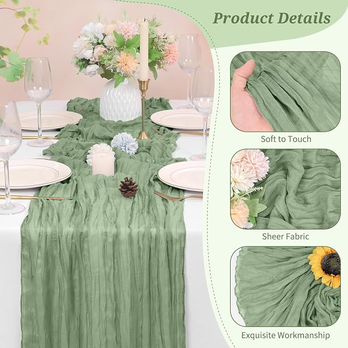 Pesonlook Cheesecloth Table Runner Sage Green, 20 Pack 17.7x108 inch, Long | - Image 3