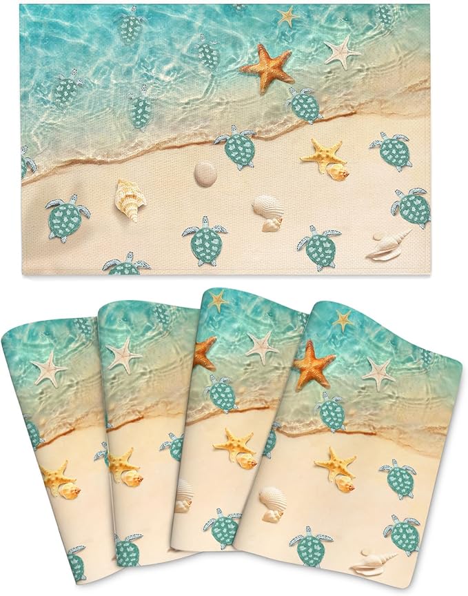 Sea Turtles Beach Placemats Set of 4 Linen Washable Non-Slip Heat-Resistant by Unknown