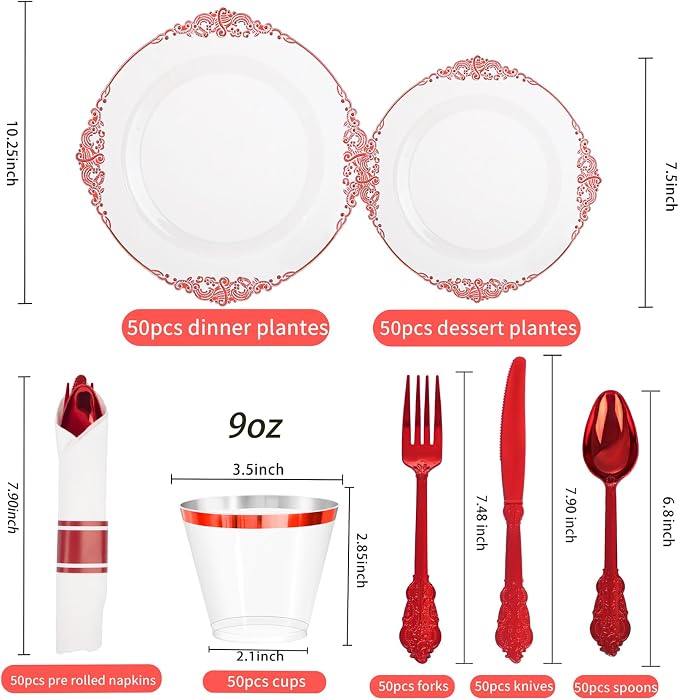 350 Pcs Clear Red Plates for Party | Red Party Plates Set for 50 Guests - Image 5