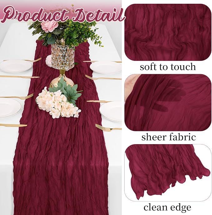 8 Pack Burgundy Cheesecloth Table Runners 20x120 Inch Gauze Table Runner 10FT - Image 3