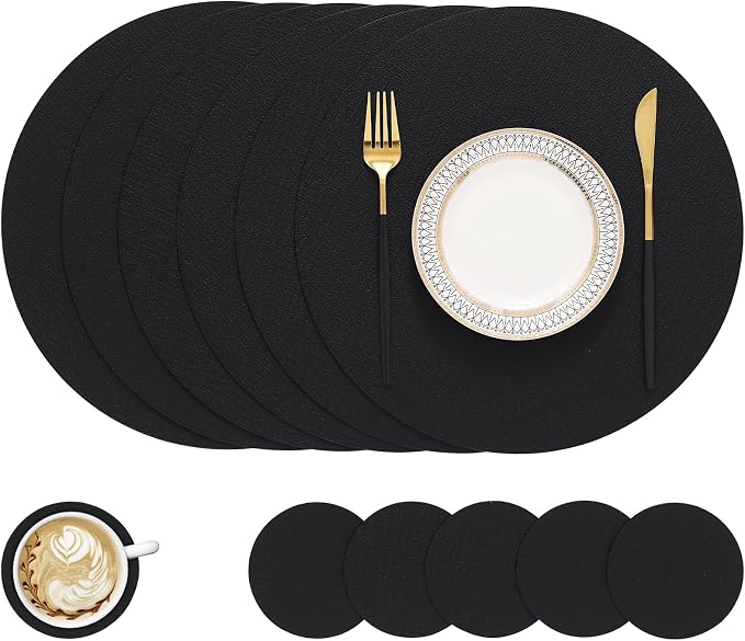 Round Faux Leather Placemat and Coaster 6 Packs, Washable Heat Resistant Dining by homing