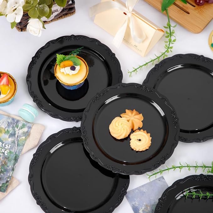 DaYammi 30PCS Black Plastic Plates, Heavy Duty Black Disposable Plates Premium - Image 3