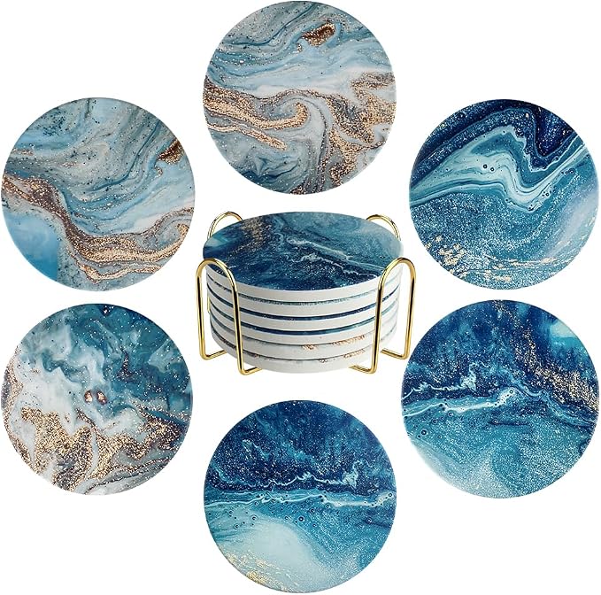 Ceramic Coasters Set of 6, Marble-Textured Design by YINBAOGE