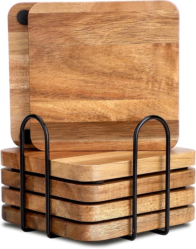 Acacia Wood Coasters with Iron Holder Stand by Shafa+impex