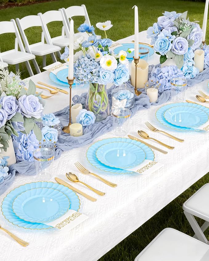 YOUBET 175PCS Light Blue Scalloped Plastic Plates - Image 3