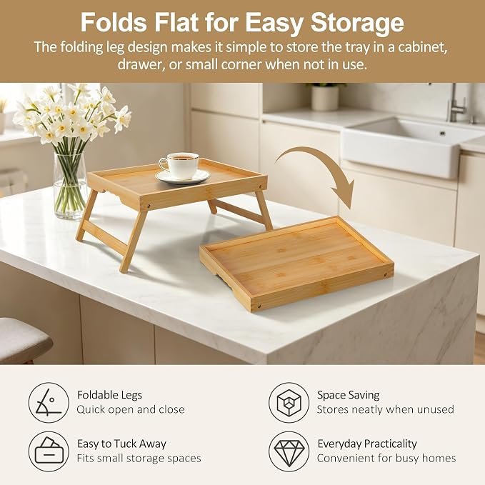 Bamboo Breakfast Trays with Folding Legs, Natural | Set of 2 large bamboo bed - Image 4