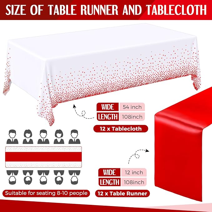 24 Pack White and Red Disposable Plastic Tablecloths and Satin Table Runner Set - Image 2
