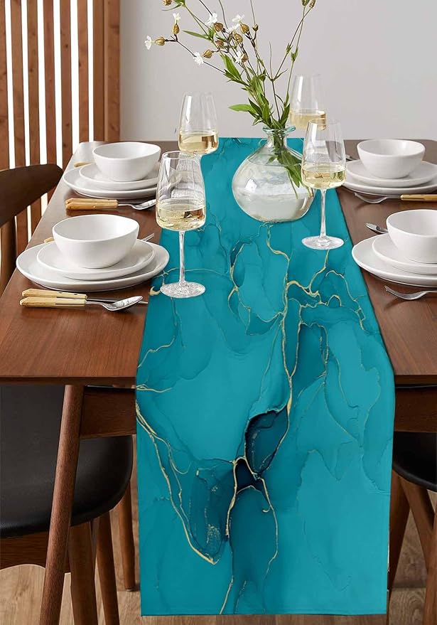 Teal Marble Table Runners 90 Inches Long, Turquoise Marble Crack Table Runner - Image 2