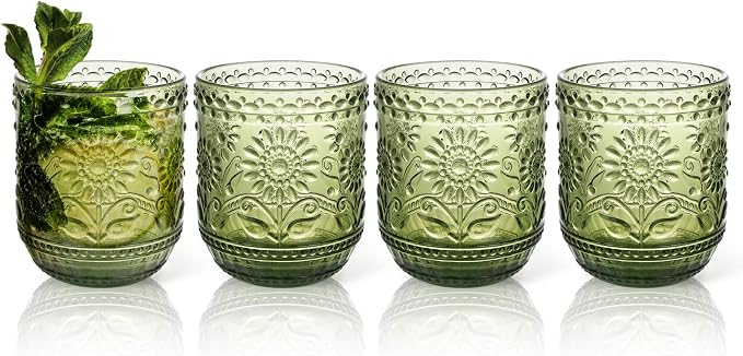Topsky Vintage Drinking Glass Set of 4, 12 oz Embossed Floral Drinkware Set by HomeandKitchenNO1