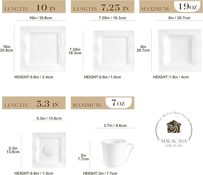 MALACASA 30 Pieces Dinnerware Sets, Modern Ivory White Plates and Bowls Sets - Image 2