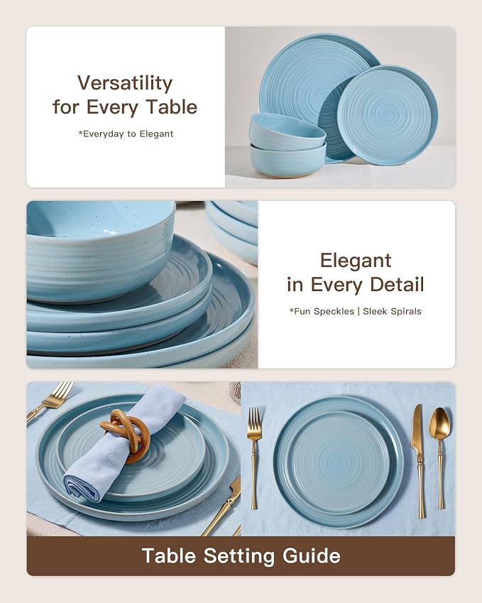 Dinnerware Set for 4, Ceramic Plates and Bowls, Ice Blue | 12 pcs Speckled - Image 3