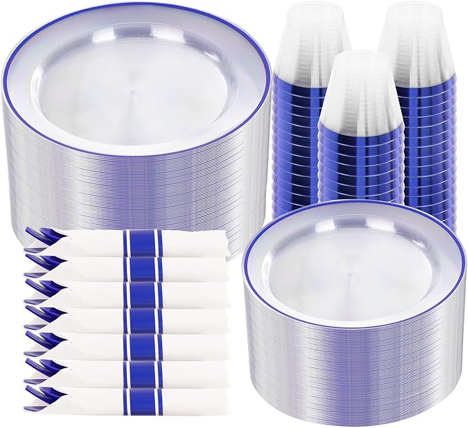 SUT 350 Pcs Blue and Clear Plastic Dinnerware Set by SeeYouTomorrow