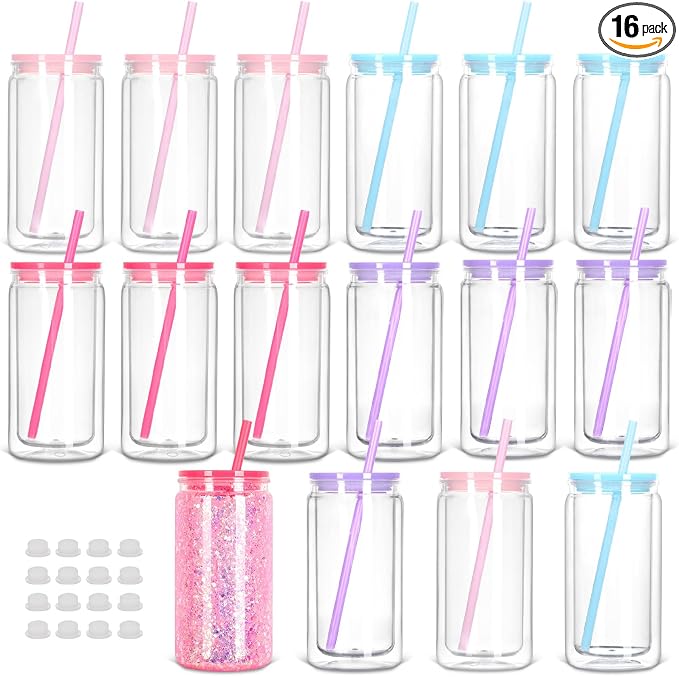 16 Pack 16 Oz Plastic Snow Globe Tumbler, Snowglobe Cups, Colorful | Pre Drilled by Tswofia