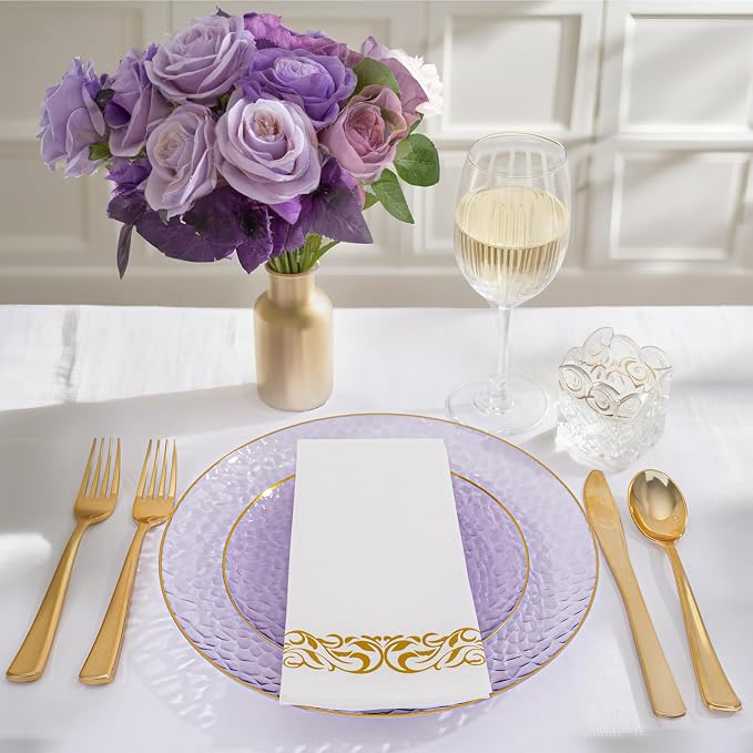 Rubtlamp 175 Pcs Purple Plastic Dinnerware Set, Hammered Party Platos, Plates - Image 3